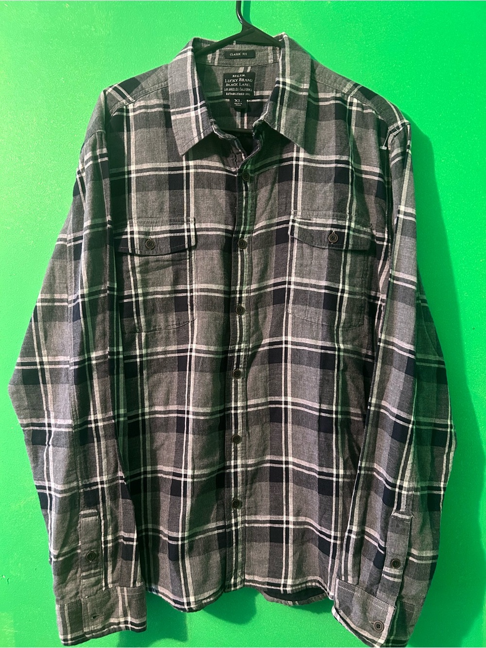 Men’s Lucky Brand Black & Gray Plaid Button-Down Shirt size XL